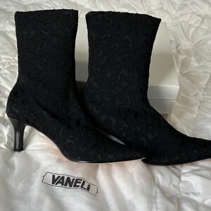 Vaneli Black Embroidered Sock Heel Boots
